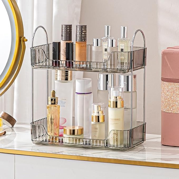 Grey 2-Tier Vanity Tray Organizer for Bathroom Counter, Skincare & Makeup-NeatNest