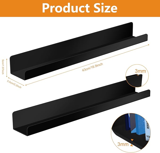 2 Pack Magnetic Book Shelf - Acrylic Reusable Display Panel for Whiteboards, Classrooms & Home, Adhesive-Free Storage with 11lb Capacity (Black)