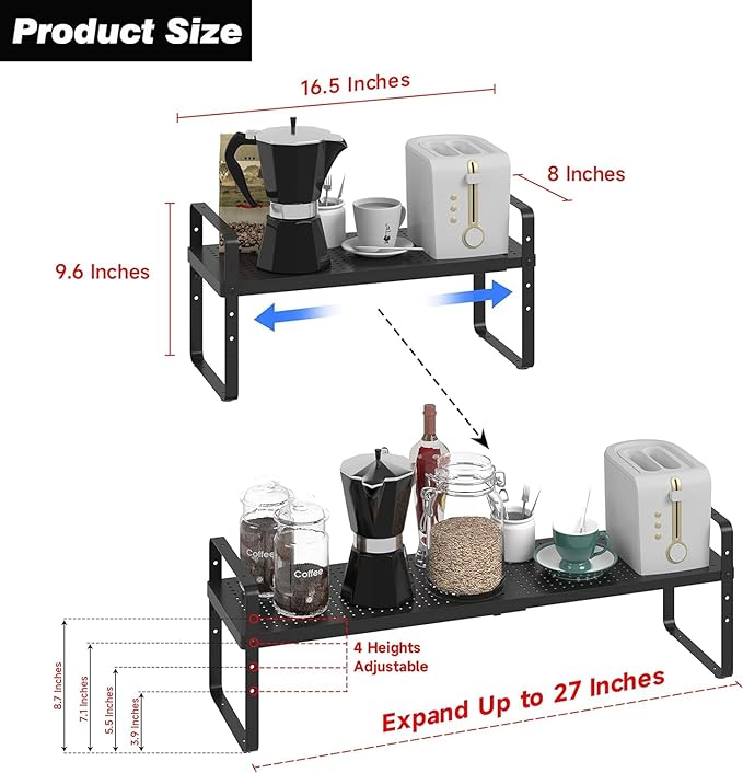Expandable Kitchen Cabinet Shelf Organizer Rack Heavy Duty Metal Spice Rack Stackable Kitchen Counter Storage Shelf for Kitchen Cabinet Pantry Bathroom (Black - 16.5"-27" L x 8" W x 9.6" H - 3Pack)-NeatNest