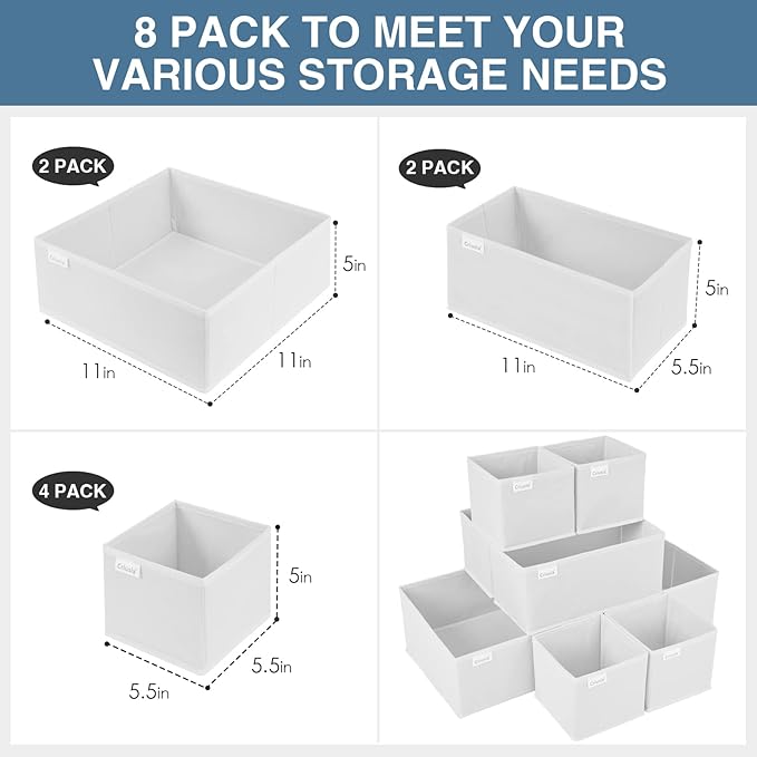 Criusia Drawer Organizer Clothes, 8 Pack Underwear Drawer Organizer, Foldable Closet Organizers and Storage Dresser Drawer Dividers for Clothes, Socks, Scarves, Ties (White)-NeatNest