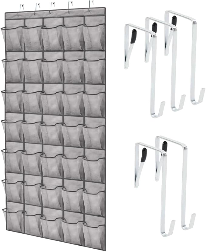 GORILLA GRIP Over the Door Shoe Organizer, 35 Large Breathable Mesh Pockets, Space Saving Hanging Storage Holder, 5 Hook Closet Rack Hanger, Hangs on Closets for Shoes, Accessories 68.5H x 24.5W Gray-NeatNest