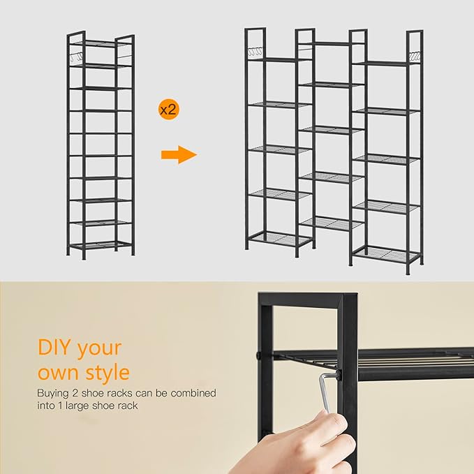 usikey 10 Tiers Narrow Shoe Rack 20-30 Pairs, Sturdy Metal Tall Shoe Rack Shelf with 4 Hooks, Slim Shoe Storage with Metal Shelf, Space Saving Vertical Shoe Organizer for Entryway, Closets, Black