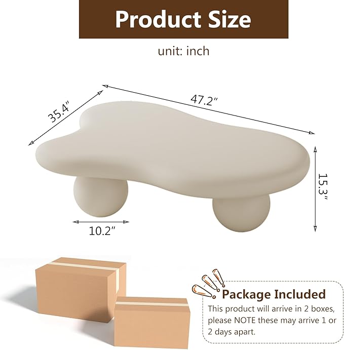 Cloud-Shape Cute Cream White Irregular Coffee Table with 3 Short Legs Modern Live Round Edge Coffee Table for Living Room Bedroom Easy Assembly,Cloud b White 47.2"-NeatNest
