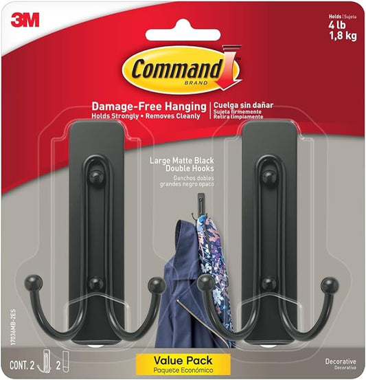 Command Large Matte Black Double Hooks, 2 Hooks and 2 Command Strips, Damage Free Hanging Wall Hooks with Adhesive Strips, No Tools Coat Hooks for Hanging Home Decor, Holds up to 4 lb-NeatNest