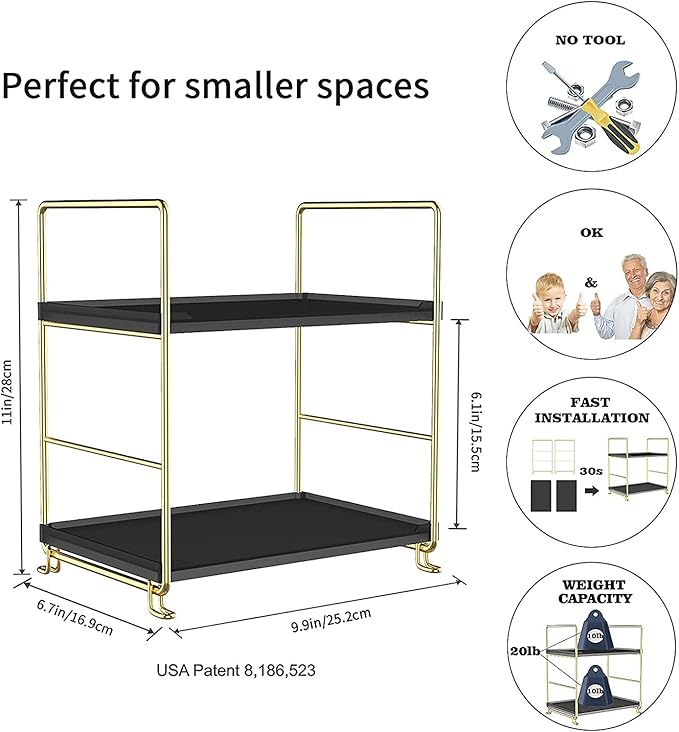 2-Tier Kitchen Spice Rack - Freestanding Stackable Organizer Shelf - Bathroom & Cosmetic Organizer - Square Standing Rack (Golden&Black)-NeatNest