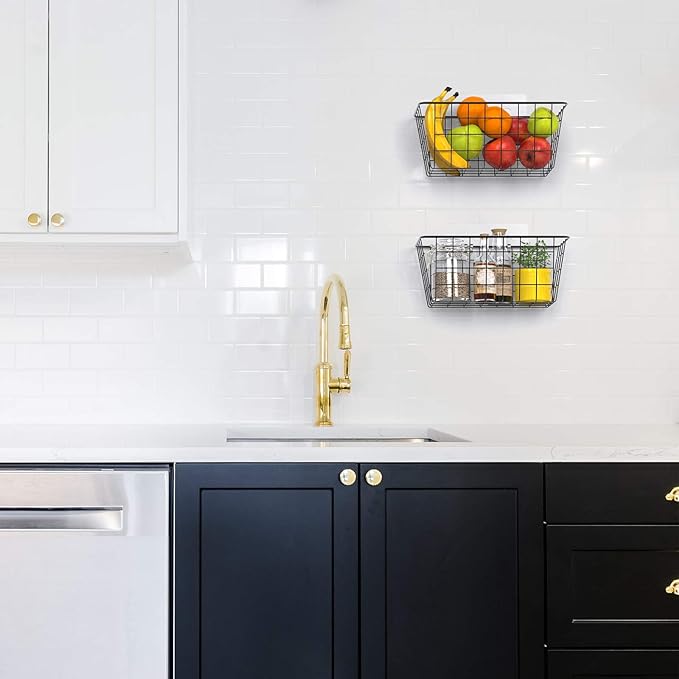 MaraFansie Hanging Kitchen Baskets Wire Storage Basket Over the Cabinet Door Organizer, No Drilling Adhesive Basket for Cabinet Pantry Organization and Kitchen, Bathroom, Storage, 2 Pack, Black-NeatNest