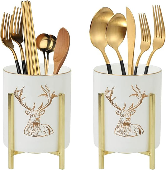 Gold Utensil Crock, Farmhouse Utensil Caddy, 2 PCS Kitchen Flatware Organizer Rustic, Silverware Caddy Cutlery Holder, Golden Deer Pattern-NeatNest