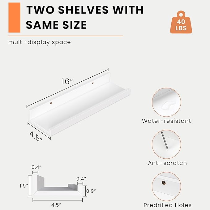 Heimlove Picture Ledge Shelf, Floating Shelves Set of 2, 16 Inches Picture Shelf for Wall with Ledge, Kids Bookshelf Wall Mounted for Living Room Bedroom Decor Books Photo Frames - White-NeatNest