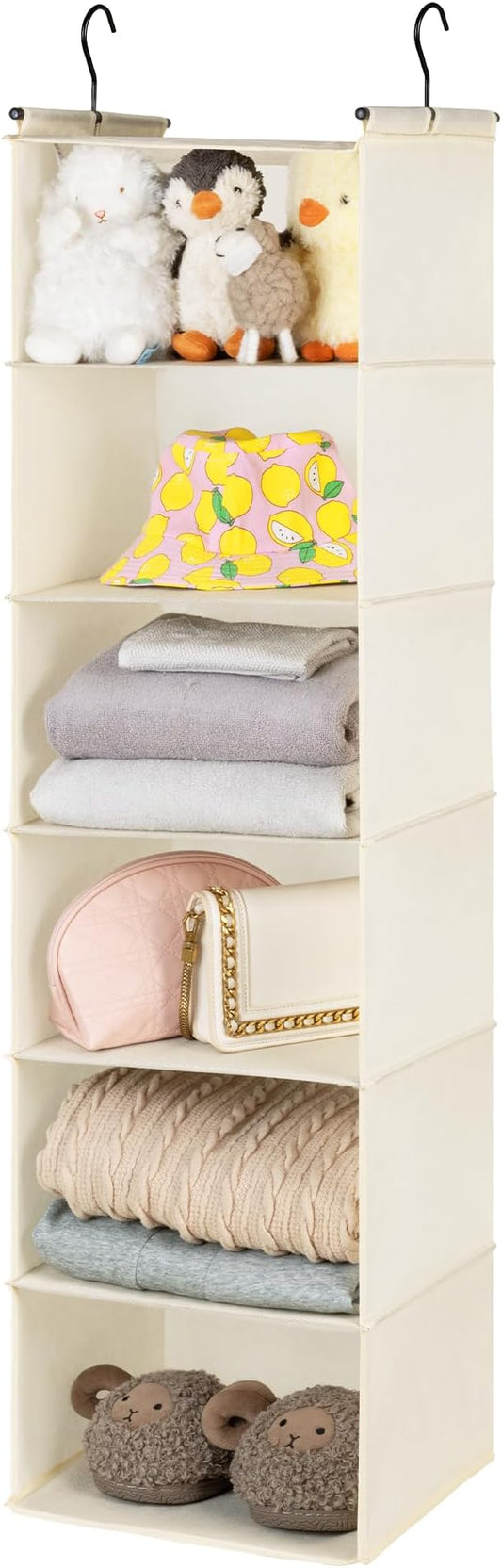 GRANNY SAYS 6 Shelf Hanging Closet Organizers and Storage, Collapsible Closet Hanging Organizer with 2 Sturdy Hooks, Large Hanging Shelves for Closet, College Dorm, Locker, Beige-NeatNest
