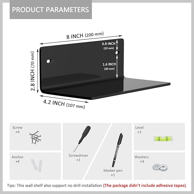 8 Inch Black Small Wall Shelves, Acrylic Wall Mounting Ledges Display, Acrylic Black Shelf for Figures, Collectibles, Plants, Décor, Toiletries, 4'' Depth, 2 Pack-NeatNest