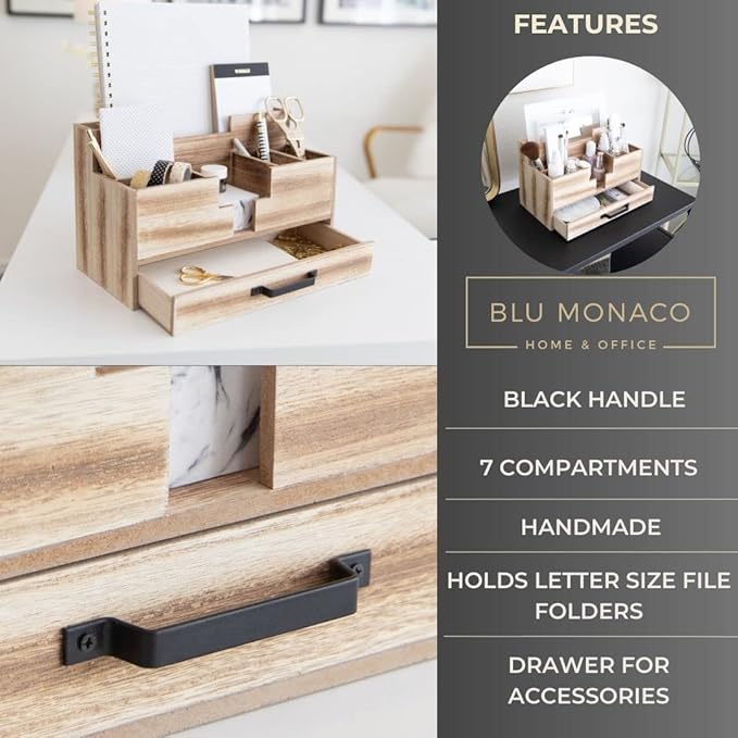 BLU MONACO Natural Wooden Office Supplies Desk Organizer with Drawer - Accessories for Women - Desktop Organization - Organization for Desk - Home Office Supplies Organizer-NeatNest