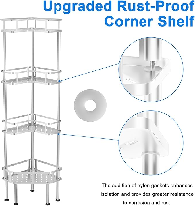 FJNATINH Corner Shower Caddy - 4 Tier Shower Organizer Corner Shelf Stand, Stainless Steel Standing Tall Floor Shower Shelf Rack Storage Stands for Bathroom Balcony Kitchen, No Drilling Shelves, White