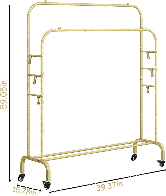 Garment Rack with Wheels Clothing Rack for Hanging Clothes Multi-functional Bedroom Clothes Rack，Gold+Double Rods-NeatNest