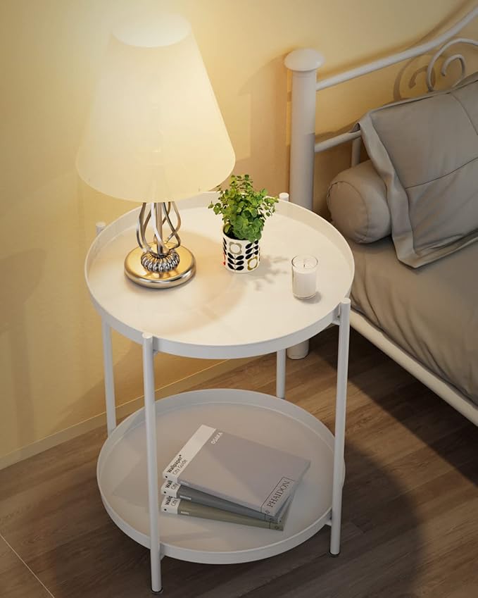 EKNITEY 2 Tier End Table - Metal Side Table Waterproof Small Sofa Coffee Side Tables Bedroom Indoor Outdoor with Removable Tray for Living Room Bedroom Balcony and Office (White)-NeatNest