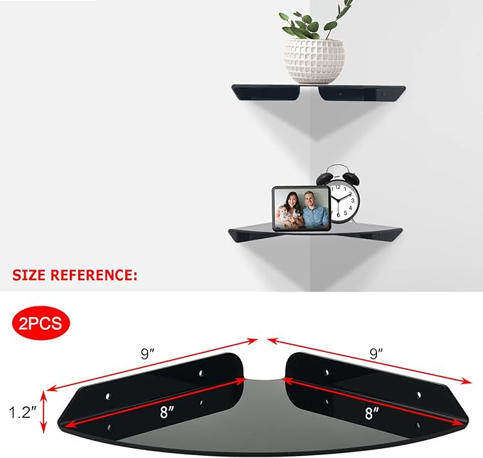 Cosmos 2 Pcs Acrylic Wall Mount Floating Corner Shelves Quarter Round Shower Shelf Hanging Corner Shelves Wall Storage Display Organizer for Bathroom Kitchen Bedroom Living Room (Solid Black)-NeatNest