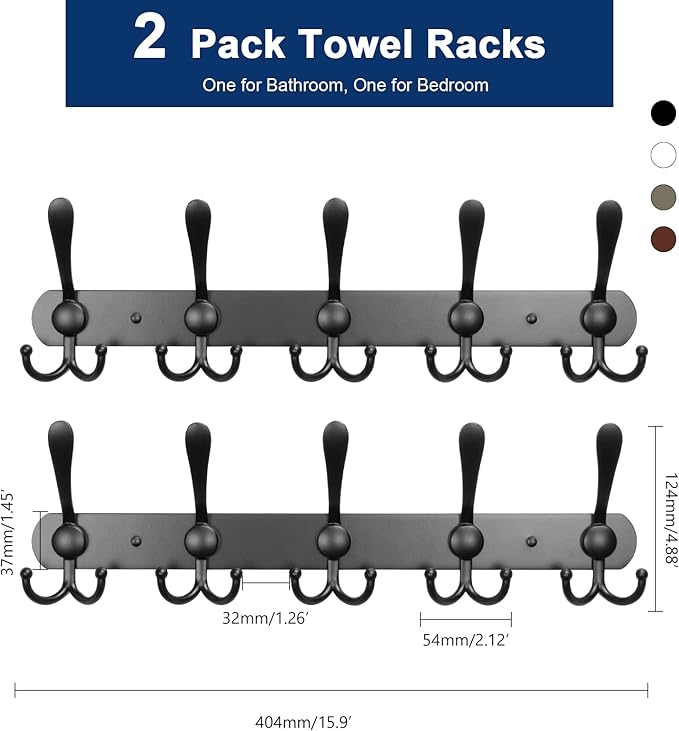 NearMoon Coat Rack Wall Mounted-2 Pack, Heavy Duty Bath Towel Hooks Stainless Steel Robe Hooks Holder, Metal Coat Hook for Towel Coat Hat Key Bathroom Bedroom Hotel Entryway (5 Hooks, Matte Black)