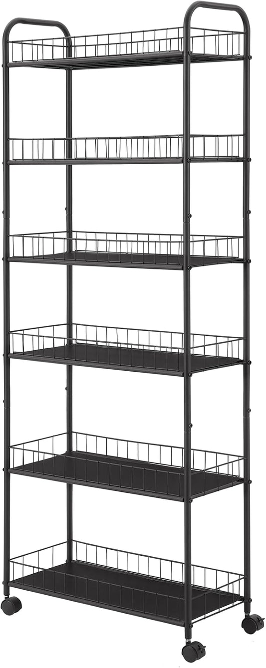 6-Tier Storage Cart Wire Slim Shelving Shelf with Wheels for Small Spaces, Rolling Tall Organizer Storage for Bathroom, Kitchen, Home, Garage, Bedroom, Closet (Black, 10“D)