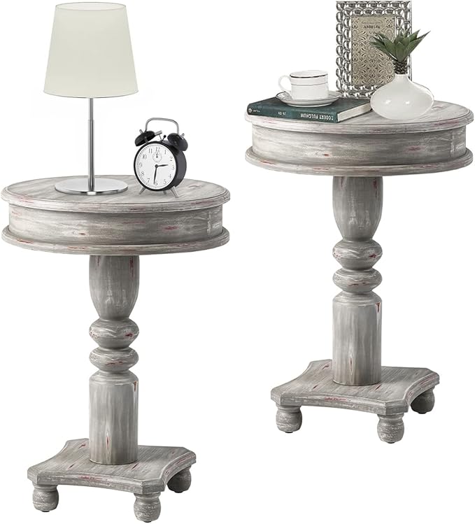 COSIEST Set of 2 Rustic Accent Side Table, Farmhouse Wood Pedestal Table Round End Table for Living Room, Bedroom, Distressed Whitewash Finish, Grey Color-NeatNest