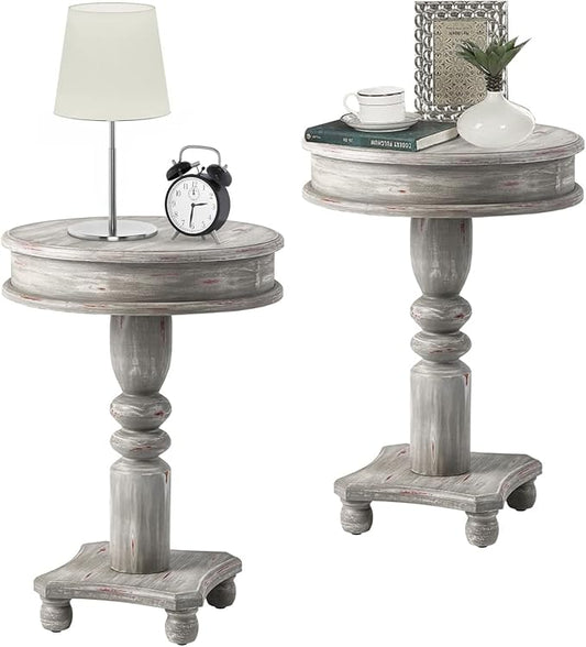 COSIEST Set of 2 Rustic Accent Side Table, Farmhouse Wood Pedestal Table Round End Table for Living Room, Bedroom, Distressed Whitewash Finish, Grey Color-NeatNest