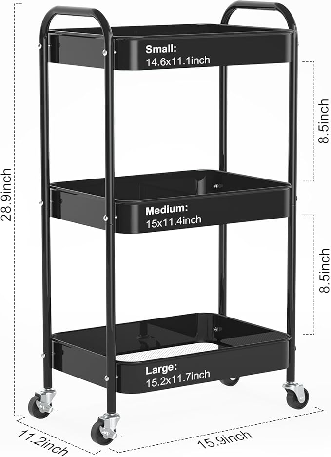 3-Tier Rolling Metal Storage Cart with Wheels, Multi-Functional Organizer for Office, Kitchen, Bathroom, Books Diapers - Easy Assembly (Black)-NeatNest