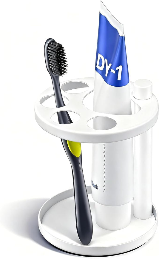 Metal Toothbrush Holder Stand for Bathroom: Stainless Steel Ventilated Organizer with Slots for Electric Toothbrushes, Toothpaste, Razors & Small Comb, Unique Footprint Base Design, White