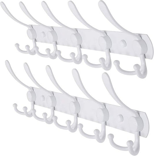 Dseap Wall Mounted Coat Rack - 5 Tri Hooks, Heavy Duty, Stainless Steel, Metal Coat Hook Rail for Coat Hat Towel Purse Robes Mudroom Bathroom Entryway (White, 2 Packs)-NeatNest