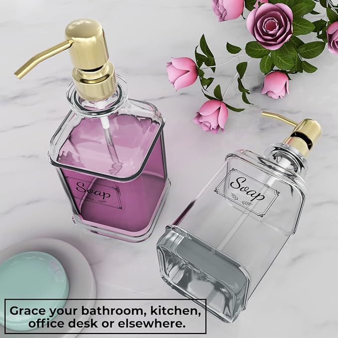 GLADPURE Soap Dispenser - 2 Pack, 18 Oz Antique Design Thick Glass Hand Soap Dispensers; with 304 Rust Proof Stainless Steel Pump, 6Pcs Clear Stickers, for Kitchen, Bathroom - Gold-NeatNest