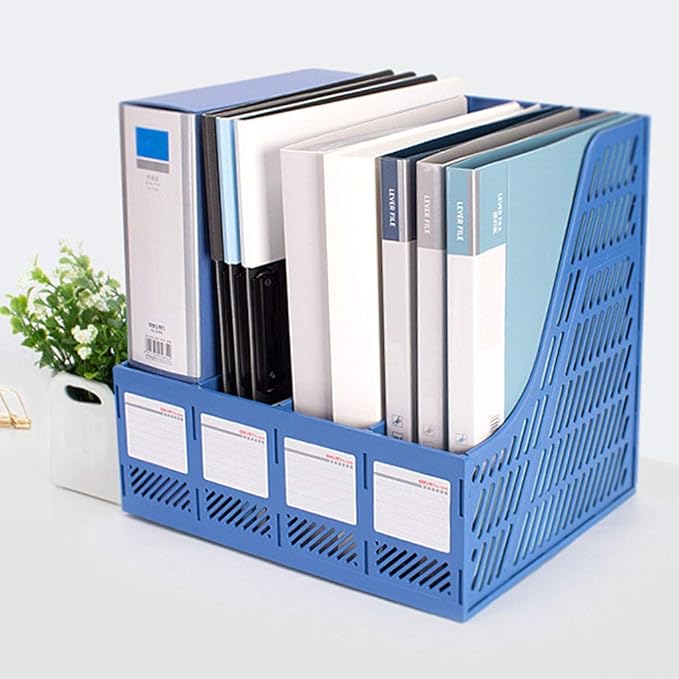SAYEEC Sturdy Magazine Organizer Folder Desktop 4 Compartment File Holders Plastic Frames File Dividers Document Cabinet Rack Storage Box for Office Home School Blue