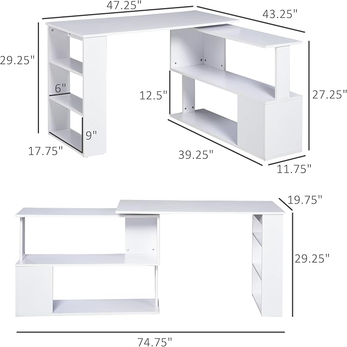 HOMCOM L Shaped Desk, Corner Computer Desk, 360 Degree Rotating Home Office Desk with Storage Shelves, Writing Table Workstation, White-NeatNest