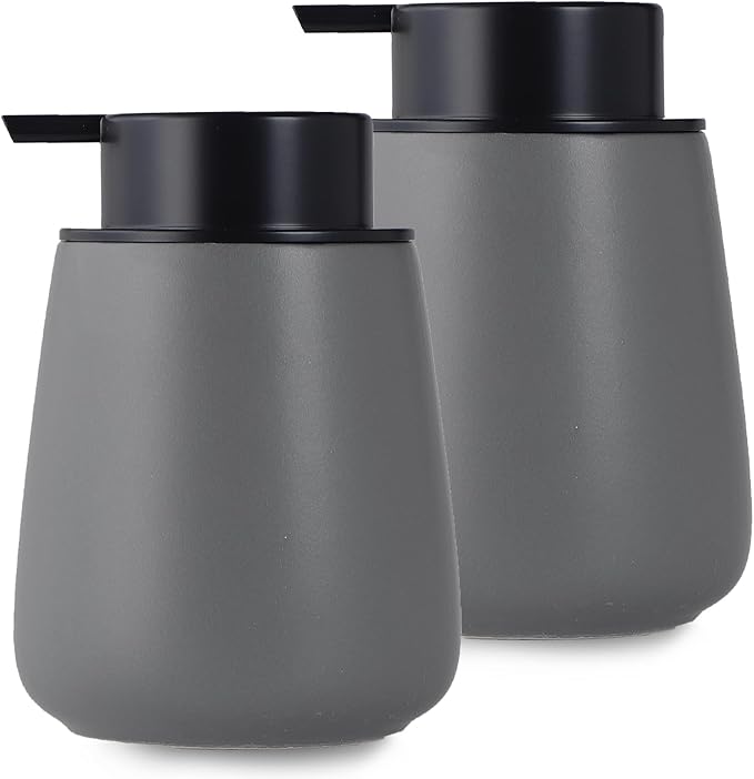 12Oz Grey Soap Dispenser Set - Ceramic Lotion Hand Soap Dispenser Set with Easy-to-Press Black Pump, Refillable Mordern Liquid Dish Soap Dispensers for Bathroom & Kitchen, 2 Pack-NeatNest