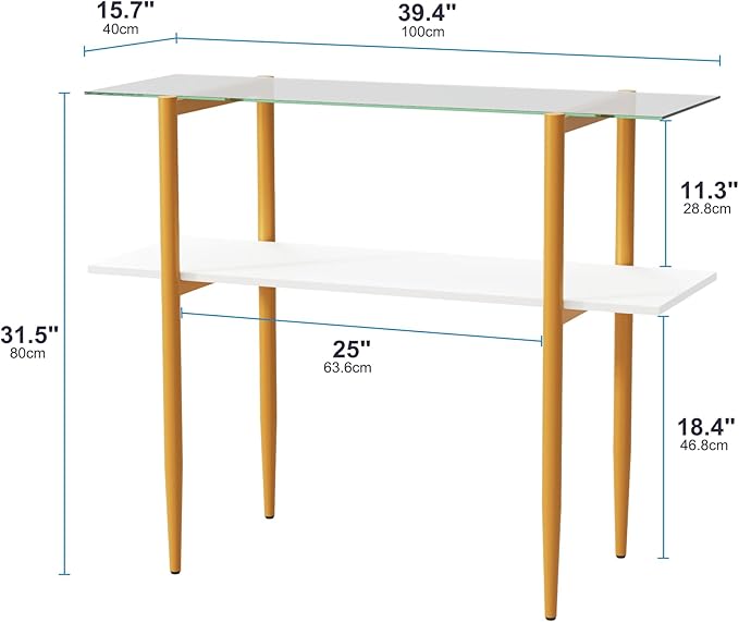 Glass Sofa Table, Mid-Century Modern Entryway Table with Tempered Glass & Golden Legs, 2-Tier Behind Couch Table for Living Room Hallway Entrance, White-NeatNest