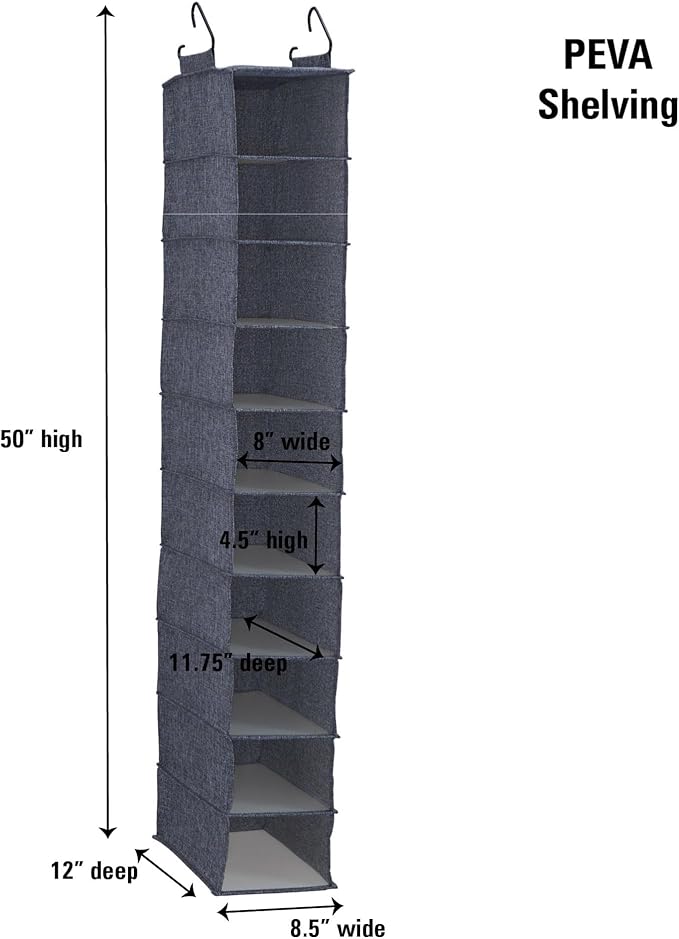 Household Essentials Hanging Narrow Cotton Blend and Plastic Closet Organizer with 10 Storage Shelves, Denim-NeatNest