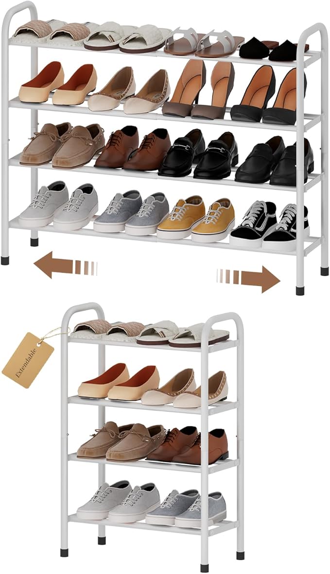 Expandable Shoe Rack, Adjustable Shoes Organizer Metal, Space-Saving Storage Shelf for Closet, Entryway, Front Door & Hallway,Sturdy and Easy Assembly (White, 4-Tier)