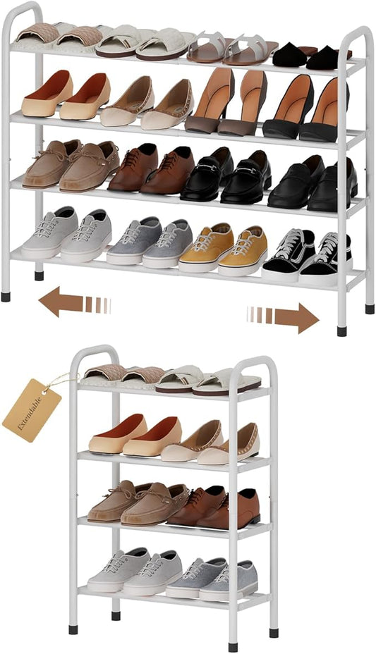 Expandable Shoe Rack, Adjustable Shoes Organizer Metal, Space-Saving Storage Shelf for Closet, Entryway, Front Door & Hallway,Sturdy and Easy Assembly (White, 4-Tier)
