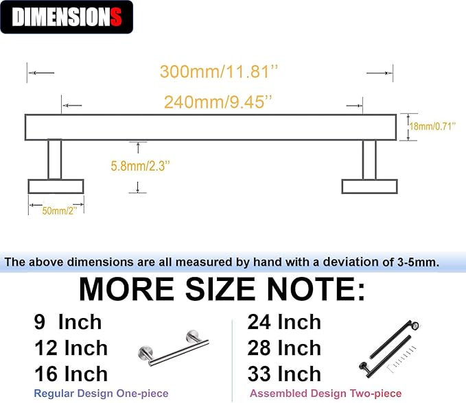 12 Inch Towel Bar 2 Pack for Bathroom 9/12/16/24/28/33 Inch Kitchen Hand Towel Holder Matted Black Stainless Steel 304 RUSTPROOF Wall Mount Towel Rod 2 of Pack (2, Matted Black, 12 Inch)