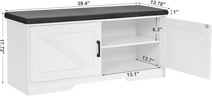 2-Tier Storage Bench, Shoe Bench with Padded Seat Cushion, Entryway Bench with 2 Barn Doors, Adjustable Shelf, 13.8" D x 39.4" W x 17.7" H, for Entryway, Living Room, Bedroom, White-NeatNest