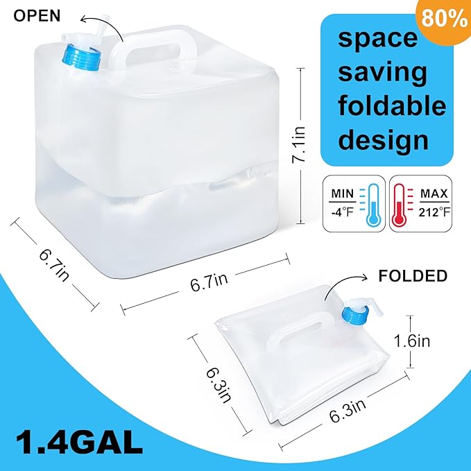 2 Pack Collapsible Water Container with Spigot, Foldable Cube Water Jugs Portable Water Storage for Outdoors Camping Hiking Disaster Preparedness & Survival Gear 1.4/2.6/4/5.3 Gallon-NeatNest