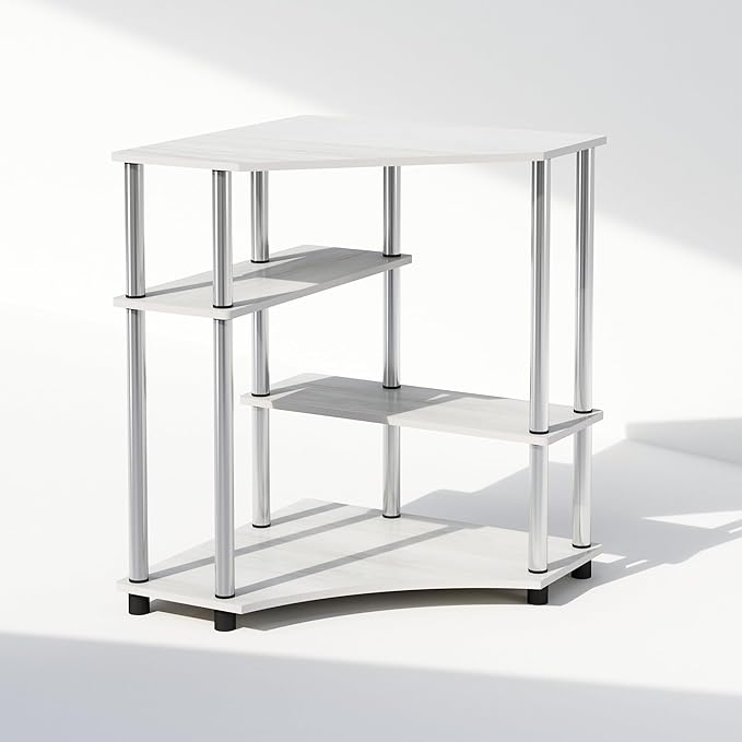Furinno Turn-N-Tube Multipurpose Corner Shelf, Display Rack, Bookshelf, White Oak, Stainless Steel Tubes-NeatNest