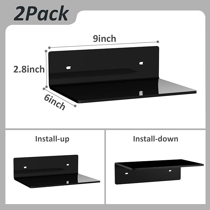 9 Inches Acrylic Wall Shelves 2 Pack, Floating Shelf for Wall Mounting, Acrylic Display Ledges for Funko Pop Figures, Home Décor, Living Room, Gaming Room, Plants(9 inch, Black)-NeatNest