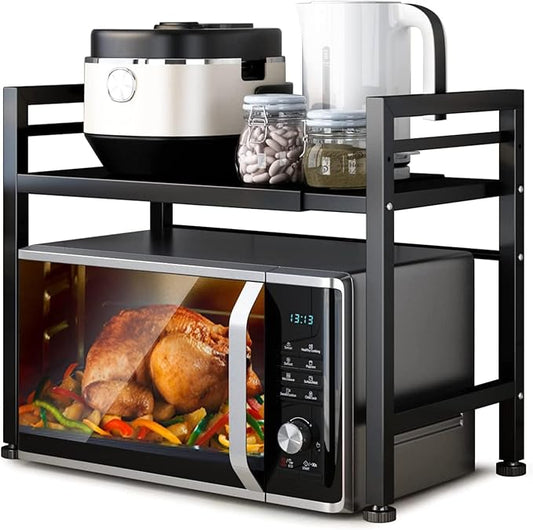 DOLALIKE Microwave Oven Rack, Expandable Microwave Stand Countertop Kitchen Utensils Tableware Storage, Carbon Steel Over Microwave Shelf Countertop with 3 Hooks-NeatNest