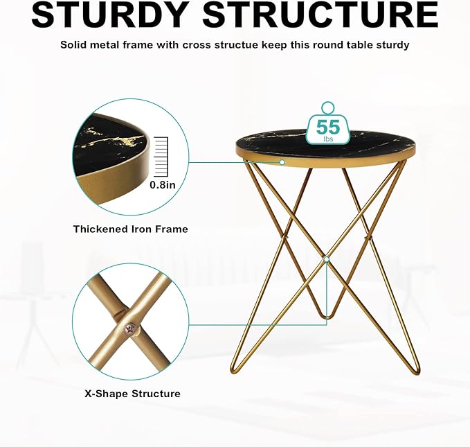 HLR Modern Round Side Table Set of 2, End Table with Marble Effect Top and Gold Metal Frame, Small Side Table for Living Room, Bedroom, Sofa and Couch, Gold Legs, Black Marble top