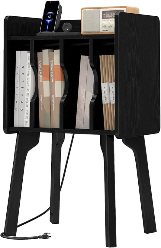 EOYUTLLY Mid Century Modern Nightstand End Table Side Table with Storage ，Wood Small Side Coffee Table for Living Room and Bedroom,Black (with Socket, Black)