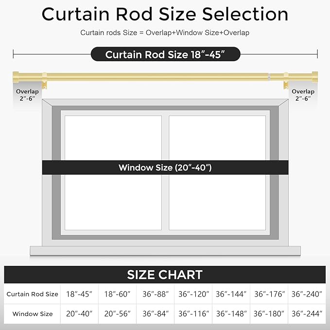 2 Pack Gold Curtain Rods for Windows 18 to 45 Inch(1.5-3.75 Feet),1" Diameter Drapery Rods with Modern Style End Cap Finials,Size:18''-45''