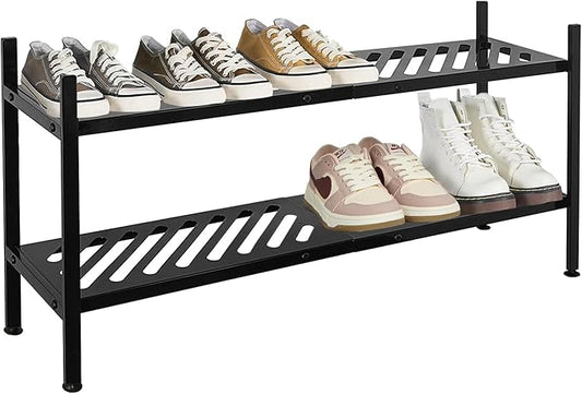 Shoe Rack - Metal Shoe Organizer 2 Tier Shoes Shelf Storage, 35 Inches Stackable Long Show Stand Holder for Closet, Entryway, Garage, Floor, Door Entrance, Black-NeatNest