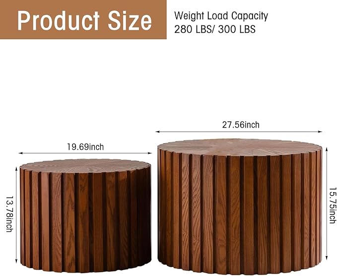 Round Coffee Table Set of 2, Nesting Coffee Table and End Table Set Small Circle Drum Side Table for Living Room Office, No Assembly (C Walnut Small)