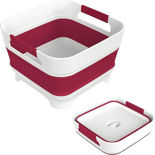 2.4 Gal Collapsbile Wash Basin with Drian Plug,9L Dish Pan for Soaking Baby Bottles,Portable Sink, Multiuse Foldable Bucket,Ice Beverage Tubs for Camping, Vegetable Washing, RV (Viva Magenta)-NeatNest