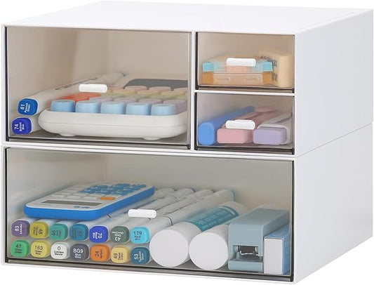 LETURE Desk Office Stationery Organizer with 4 Drawers, Desktop Vanity Makeup Organizer, Plastic Sundries Cosmetic Storage Organizer for Bathroom Counter or Dresser (White-4 Drawer)-NeatNest