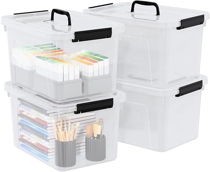 4-Pack 10 L Plastic Latching Box with Handle, Clear Storage Containers Box for Organizing