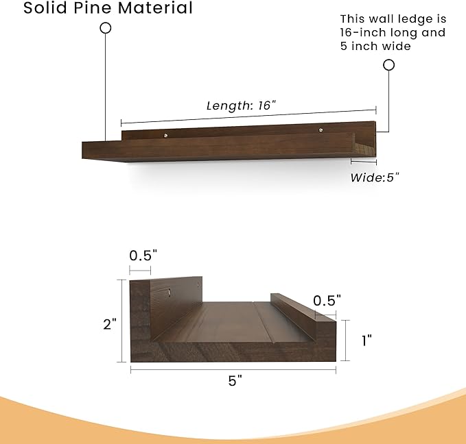 Floating Shelves for Wall, 16 inch Solid Wood Picture Ledge Shelf, Picture Shelf for Wall with Ledge, Floating Book Shelves for Living Room Bedroom Kitchen Nursery Decor, Walnut, Set of 2-NeatNest