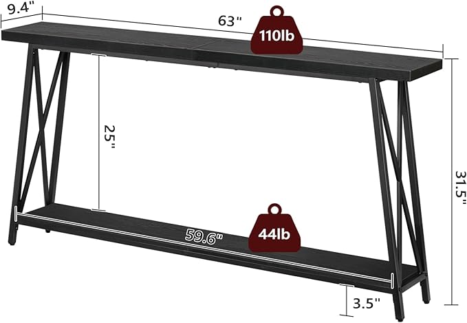 Console Table, 63" Industrial Entryway Table, Extra Long Sofa Table Behind Couch, X-Shaped Support, for Entryway, Hallway, Living Room, Black CTHB4801-NeatNest